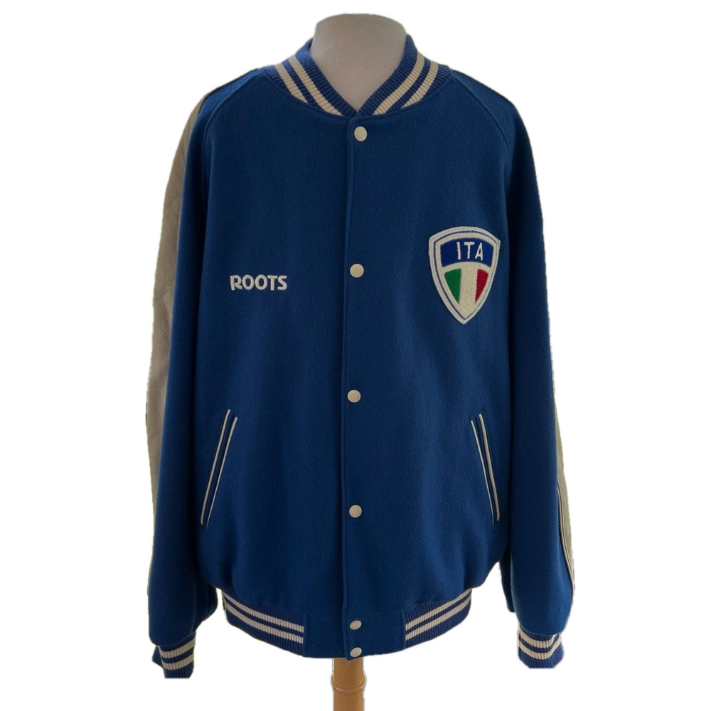 Roots Italia Varsity Blue Size XXL Jacket Wool Leather Varsity Snap-Up Vintage